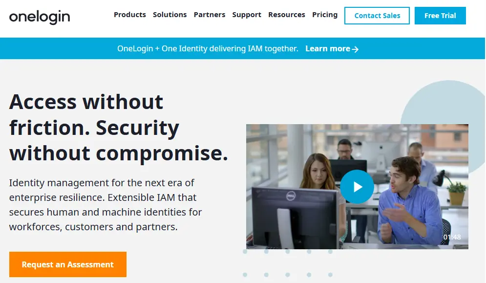 OneLogin homepage introducing its identity and access management platform